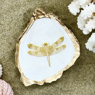 white oyster shell trinket dish with gold dragonfly