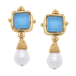 Charlotte Aqua French Glass Pearl Drop Earrings