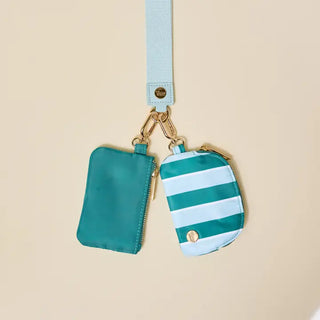 Dynamic Duo Pouch Wristlet–Sicily Stripes Teal – light blue wristlet strap with two teal zip pouches