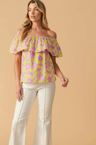 Lime Green Printed Woven Top - The Pointe Boutique