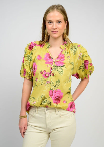 Lime Pink Floral Puff Sleeve Blouse - The Pointe Boutique