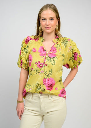 Lime Pink Floral Puff Sleeve Blouse - The Pointe Boutique