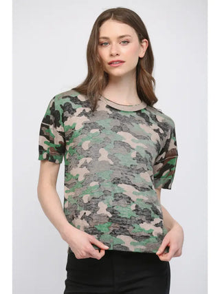 Aubrielle Lou Sweater – camo print short sleeve knit sweater in green and gray