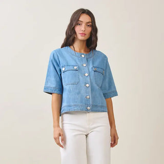 Denim Half Sleeve Jacket – light wash denim jacket with half sleeves and button flap pockets