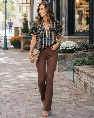 The Poppy Black Plaid Top – black and tan plaid top, split V neck with contrast trim, short sleeves