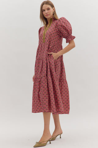 Long Tiered Dresswith Puffed Sleeves, Wine - The Pointe Boutique