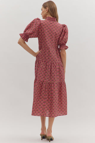 Long Tiered Dresswith Puffed Sleeves, Wine - The Pointe Boutique