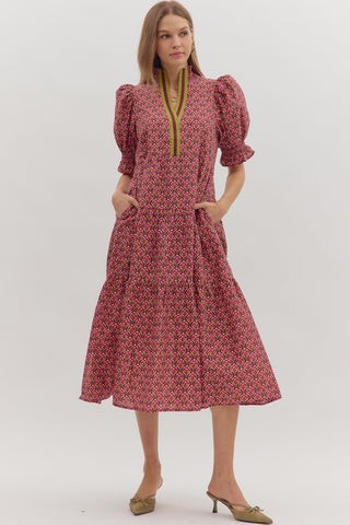 Long Tiered Dresswith Puffed Sleeves, Wine - The Pointe Boutique