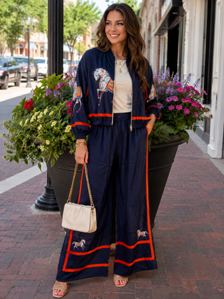 Addison Lee Horse Jacket – navy jacket with red trim and embroidered horse details