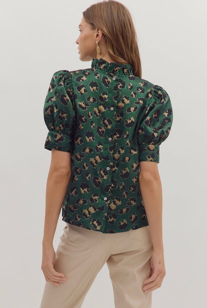 Mariah Top – Hunter Green Cheetah Print Blouse - The Pointe Boutique
