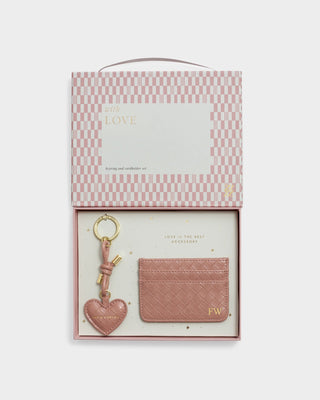 Gift Boxed Keyring and Card Holder Set-Nude Pink Woven – nude pink woven card holder and heart keyring in a gift box