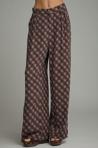 Beth Brown Plaid Pants – brown geometric plaid wide leg pants