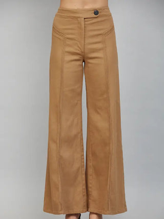 Anne Mae Sand Vertical Seam Detail High Waisted Flare Pants – sand tan high waisted flare pants with vertical seam detail