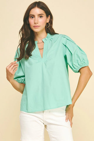 Mint V - Neck Woven Top - The Pointe Boutique