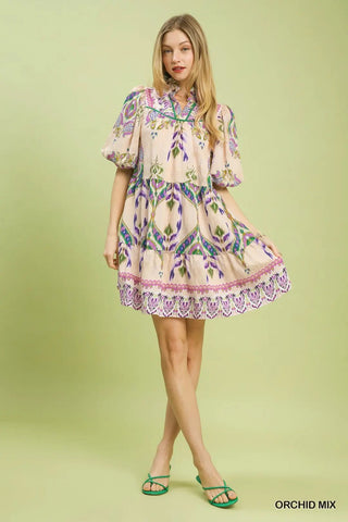 Mix Boho Print Tiered Puff Sleeve Dress Orchid Mix - The Pointe Boutique