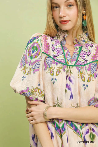 Mix Boho Print Tiered Puff Sleeve Dress Orchid Mix - The Pointe Boutique