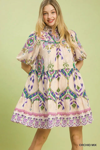 Mix Boho Print Tiered Puff Sleeve Dress Orchid Mix - The Pointe Boutique