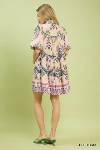 Mix Boho Print Tiered Puff Sleeve Dress Orchid Mix - The Pointe Boutique
