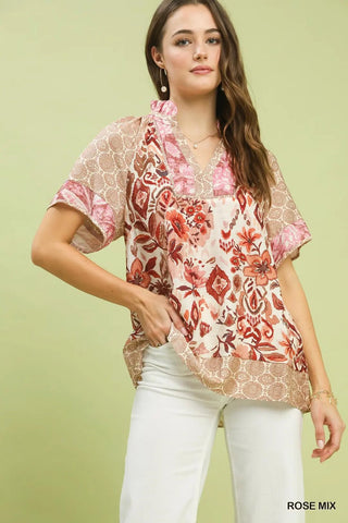 Mixed Print V - Neck Short Sleeve Rose Top - The Pointe Boutique
