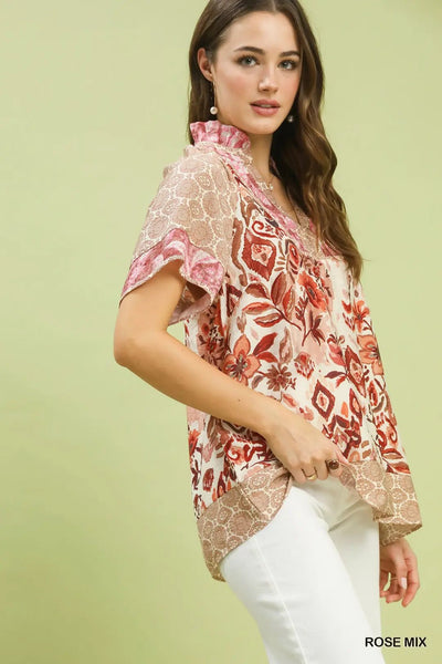 Mixed Print V - Neck Short Sleeve Rose Top - The Pointe Boutique