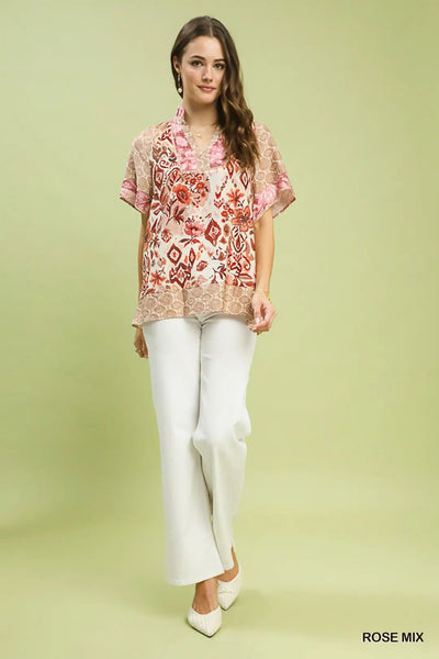 Mixed Print V - Neck Short Sleeve Rose Top - The Pointe Boutique