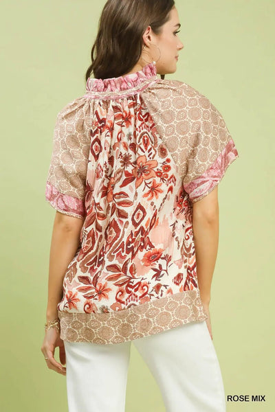 Mixed Print V - Neck Short Sleeve Rose Top - The Pointe Boutique