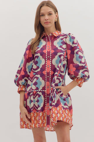 Mosaic Drop Waist Dress, Plum - The Pointe Boutique