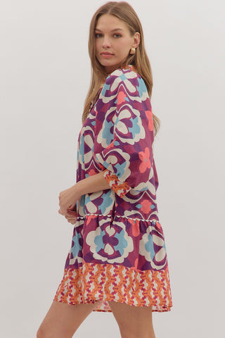 Mosaic Drop Waist Dress, Plum - The Pointe Boutique
