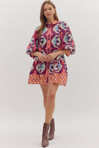 Mosaic Drop Waist Dress, Plum - The Pointe Boutique