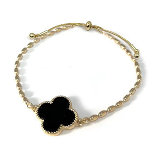 Mother of Pearl Clover Charm with Rice Bead Chain Bracelet Black - The Pointe Boutique