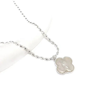 Mother of Pearl Clover Pendant with Rice Bead Chain Necklace Silver - The Pointe Boutique