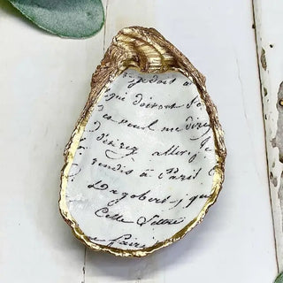 oyster shell trinket dish with vintage script and gold edge