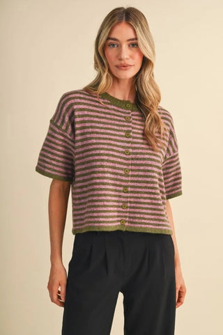 Aubrielle Jo Cardigan – purple and olive striped short sleeve knit cardigan