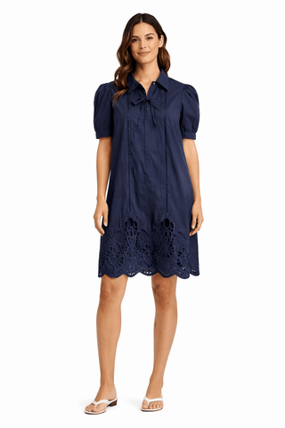 Navy Puff Sleeve Scalloped Floral Hem Dress - The Pointe Boutique