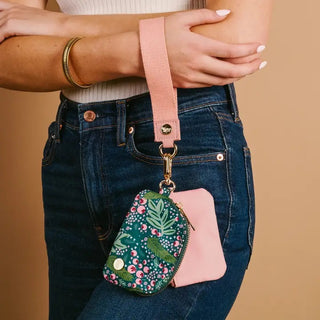 Dynamic Duo Pouch Wristlet-Jolly Sprig – pink wristlet strap with two zip pouches in green floral and pink