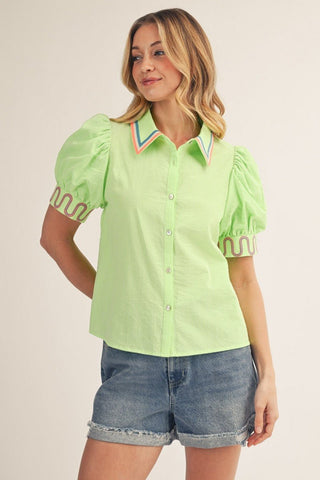 Neon Green Embroidered Accent Button Down Pinstripe Top - The Pointe Boutique