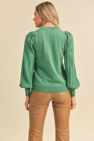 The Delilah Top – green knit top, crew neck, sheer balloon long sleeves