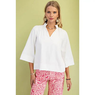 The Hadley Top – white top, split V neck, wide 3/4 sleeves, boxy fit