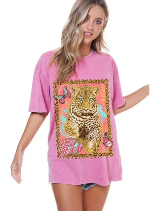 The Free Spirit Dreamer Top – pink mineral wash graphic tee, leopard portrait in gold frame with butterflies