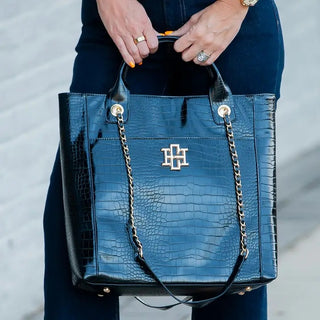 Kinzley Tote Black EC – croc-embossed tote with top handles and gold hardware