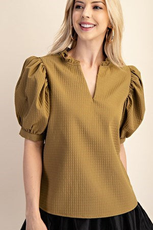 Addison Skye Top – textured waffle-knit split-neck top with oversized puff sleeves (beige, black or light olive)