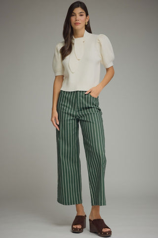 Baylee Faye Pants – green and cream pinstripe straight leg pants