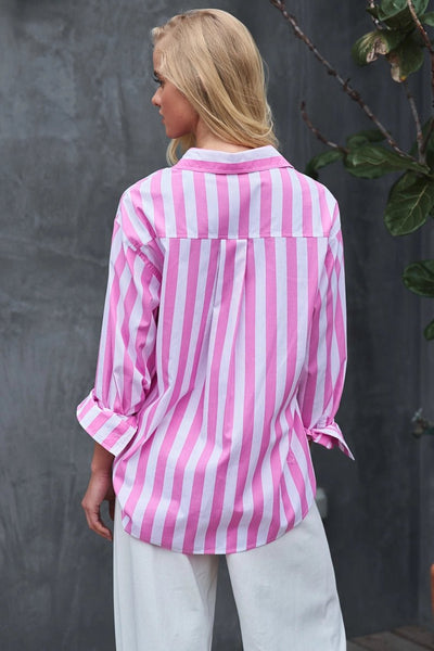 Oversized Stripe Button Down Collared Shirt, Pink - The Pointe Boutique