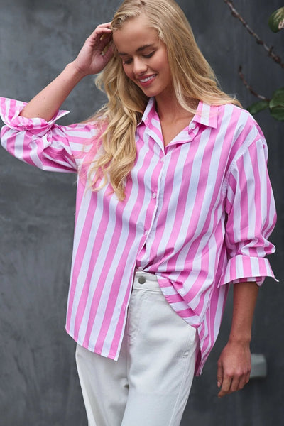 Oversized Stripe Button Down Collared Shirt, Pink - The Pointe Boutique