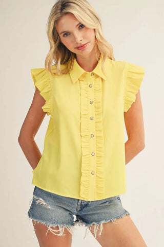 Yellow Ruffled Cap Sleeve Button Down Crinkled Solid Top – yellow collared sleeveless top, ruffle trim placket and cap sleeves