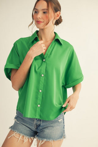 Pearl Button Detail Solid Top - The Pointe Boutique