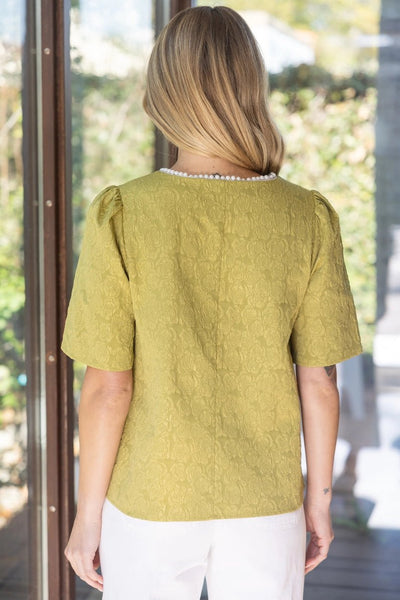 Pearl Collared V - Neck Floral Textured Top Kiwi - The Pointe Boutique