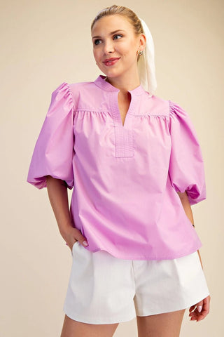 Pink China Collar V Neck Bubble Sleeve Poplin Top - The Pointe Boutique
