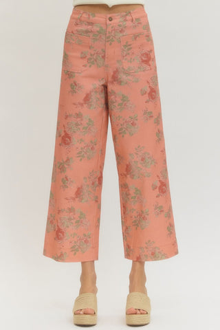Pink Floral Mid Rise Ankle Length Pant - The Pointe Boutique