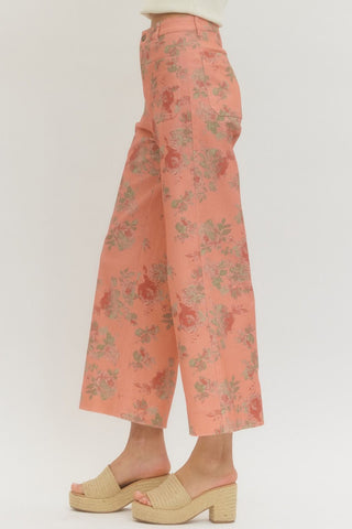 Pink Floral Mid Rise Ankle Length Pant - The Pointe Boutique